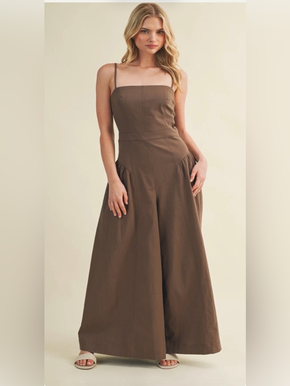 Mustard Seed Brown Wide-Leg Spaghetti Strap Square Neck Jumpsuit